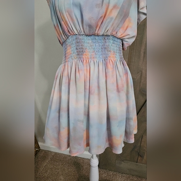 SKYLAR + MADISON Pastel Watercolor Chiffon One Shoulder Mini Dress. Blue/pink. M - Picture 8 of 14